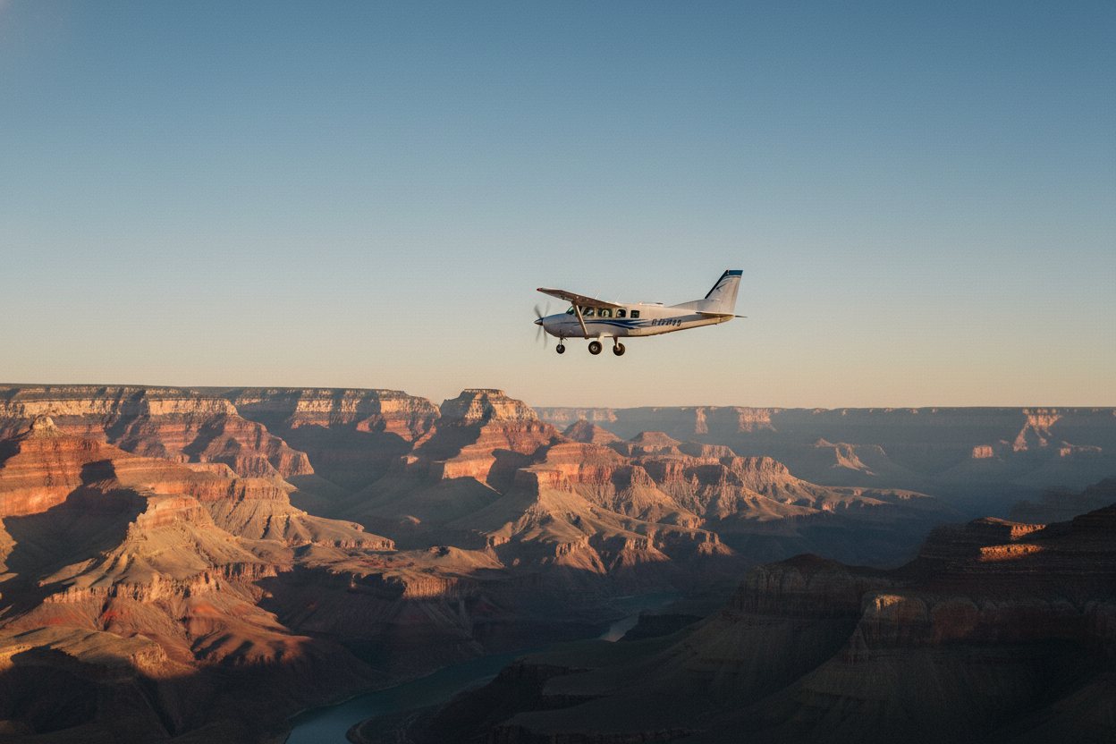 A small sightseeing airplane flying above the Grand Canyon.