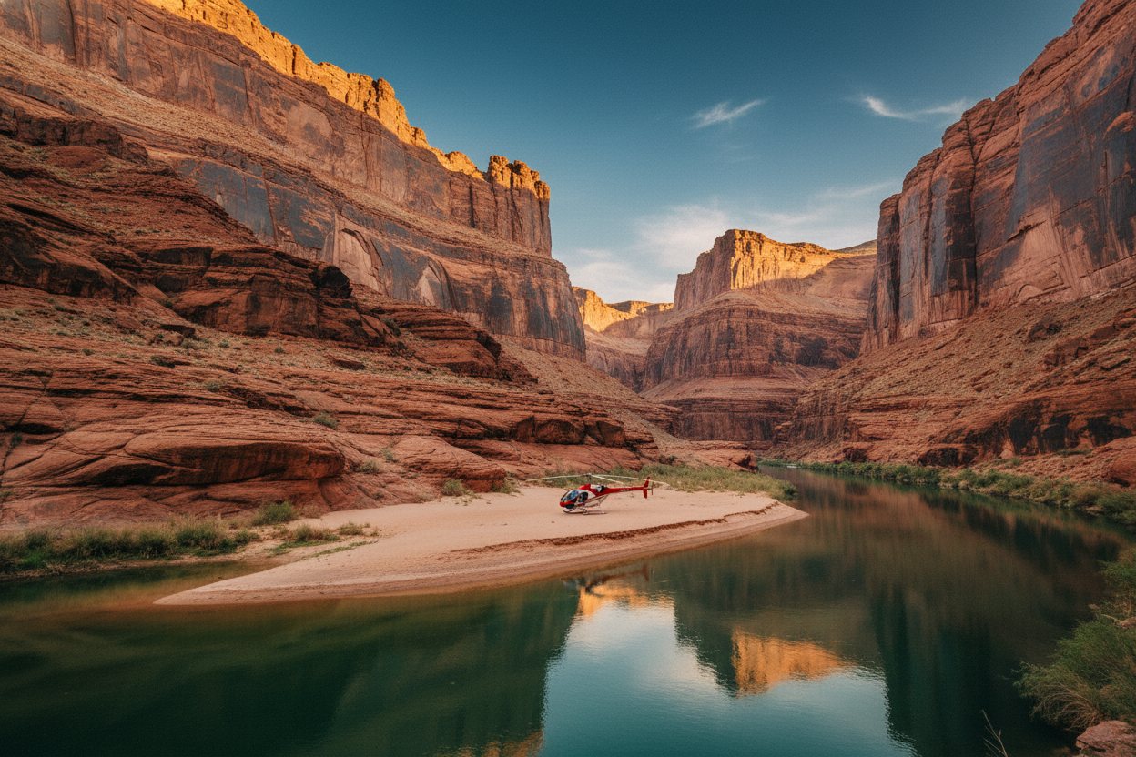 A helicopter landed on the floor of the Grand Canyon beside the Colorado River.