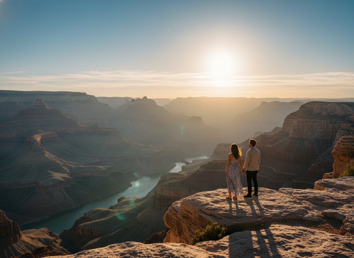 A traveler taking in the Grand Canyon from a quiet overlook.
