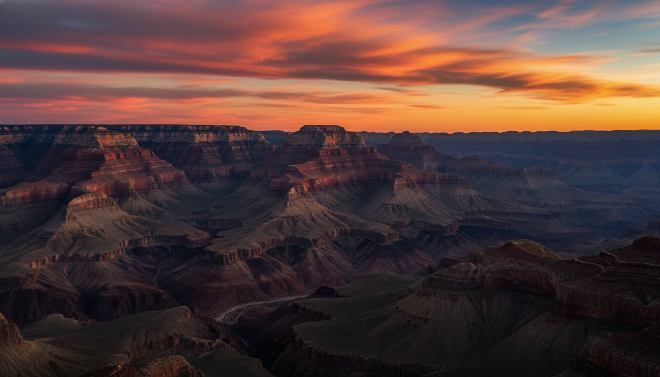 The Grand Canyon glowing orange and gold at sunset.
